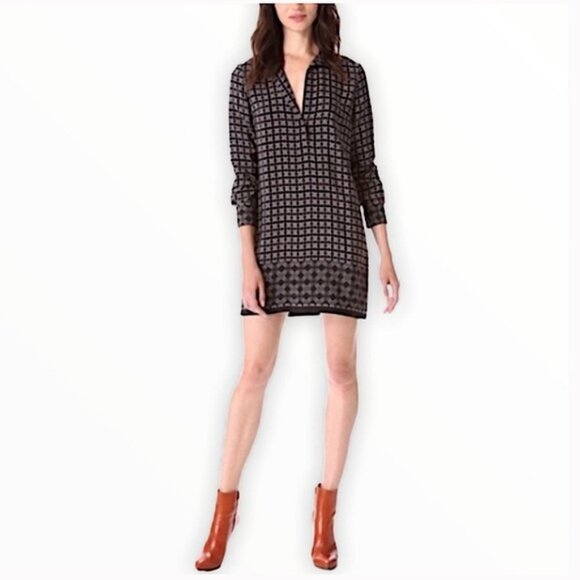 Vince Womens 100% Silk Shift Tunic Dress Long Sleeve Geometric Print Sz 2 B29 - Picture 3 of 15